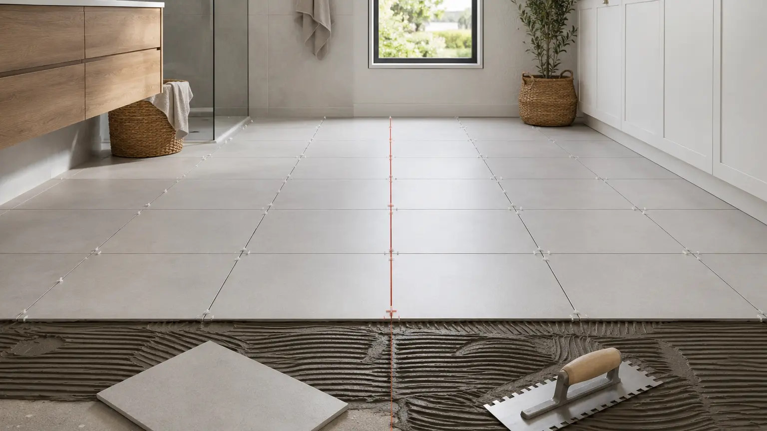 Straight bond floor tiling in a bedroom